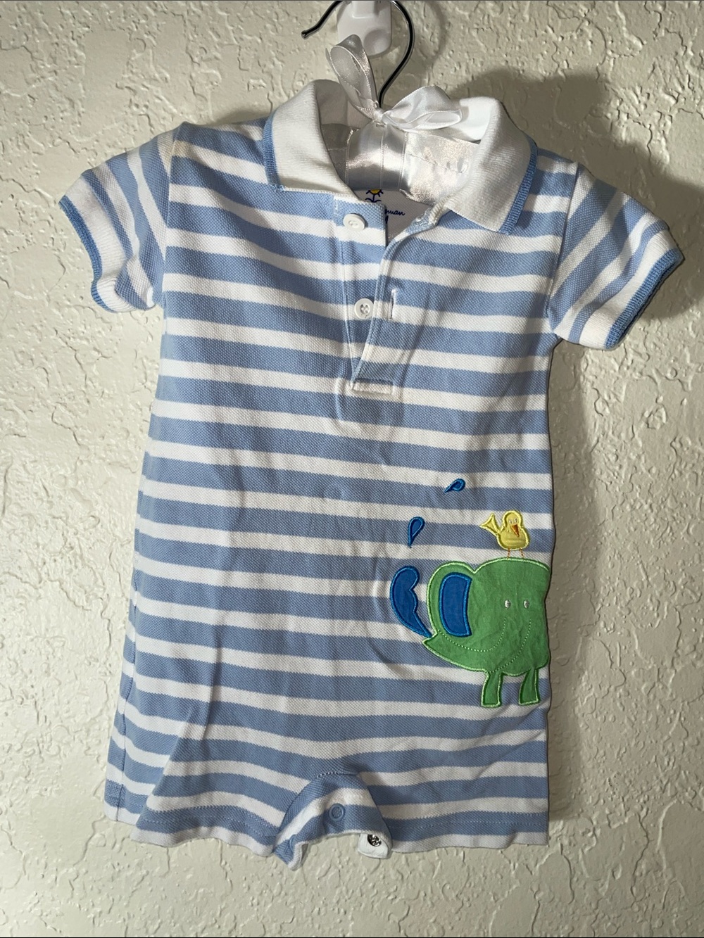 Florence Eiseman Blue & White Striped Polo Romper with Green Elephant